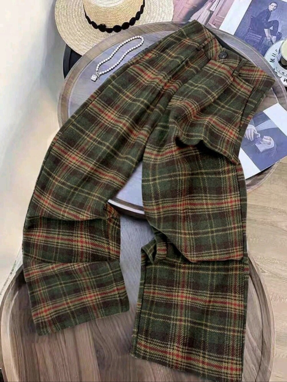 Loose Pleated Wool Wide-Leg Pants For Women, Christmas Work School Green Plaid
